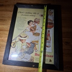 Vintage 1950s Budweiser Beer Baseball Advertisement Picture Framed Glass