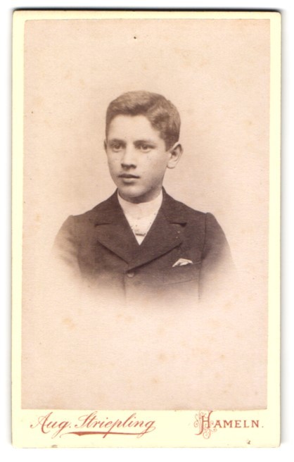 Photograph Aug. Striepling, Hameln, Emmernstr. 11, Young Boy Button Up