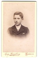Photograph Aug. Striepling, Hameln, Emmernstr. 11, Young Boy Button Up
