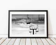 Silhouette Ski Lift Skiing Snowboard Black & White Photography Art Print